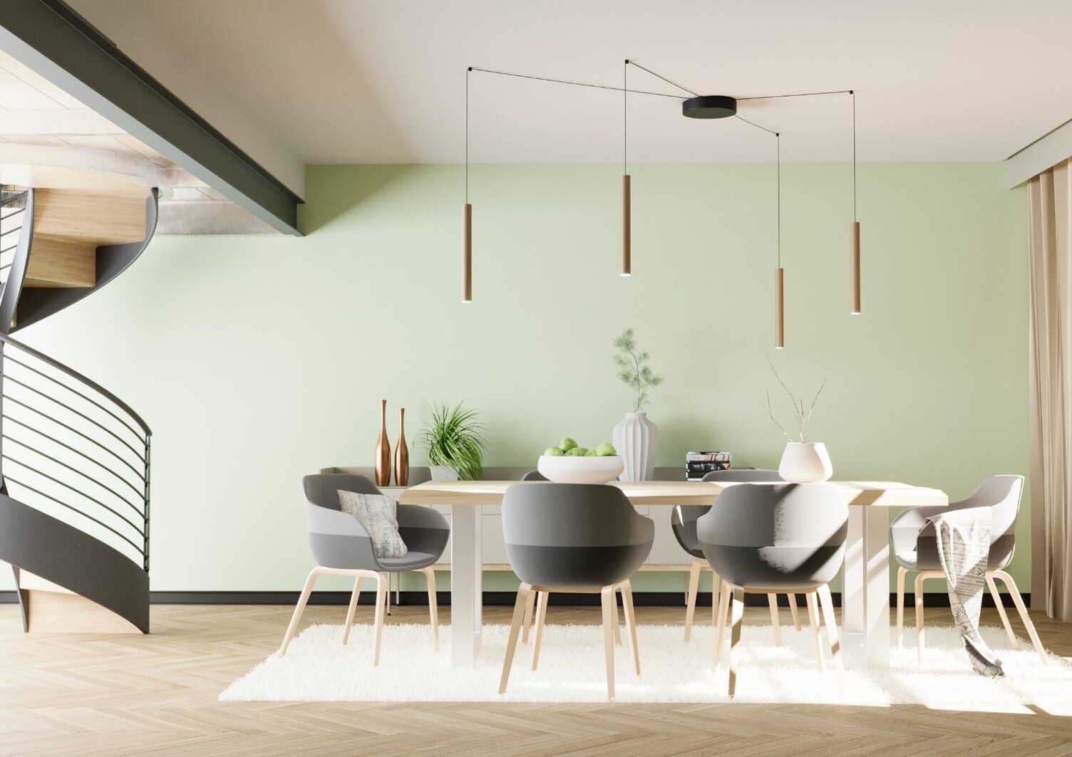 Modernes Esszimmer mit einem Soluzione Baldachin an der Decke von dem 4 stabförmige TIA Leuchten sternenförmig abgependelt sind.