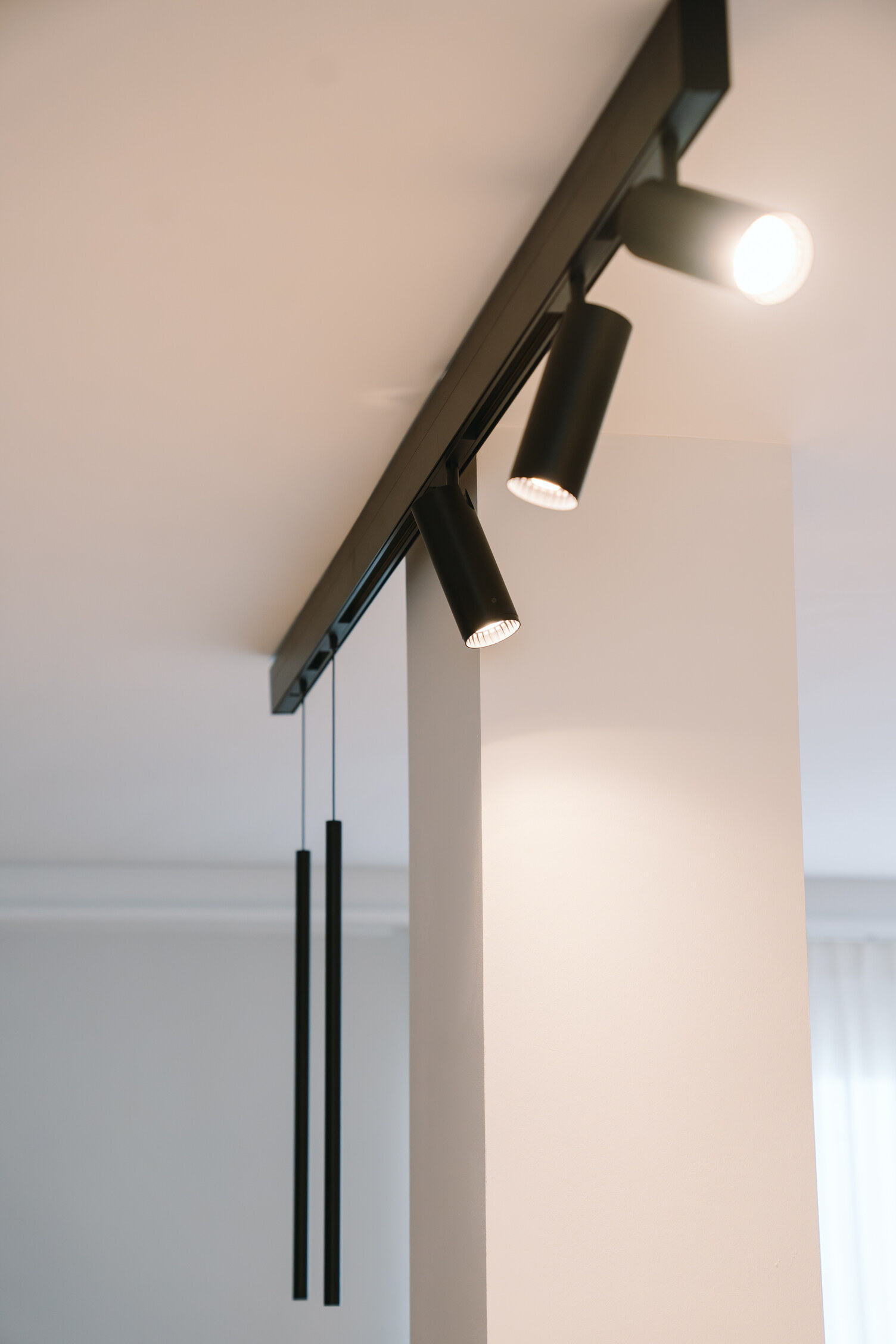 White ceiling with a linear surface-mounted luminaire, which incorporates various luminaires: two cylindrical pendant lights, FINO PENDANT, and three cylindrical movable spotlights, EVOLUTION SPOT.