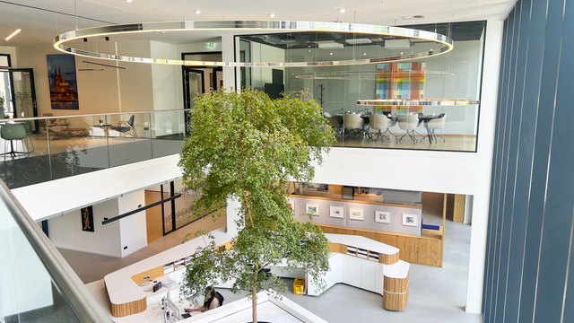 Empfangsbereich bei DAHLHAUSEN Medizintechnik mit zweigeschossigem Raum, Baum im Zentrum und polierter DUETTO Sonderleuchte aus Aluminium.