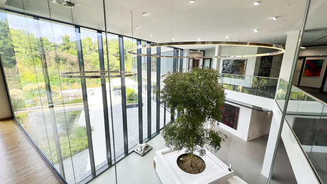 Empfangsbereich mit Baum und DUETTO Sonderleuchte aus poliertem Aluminium bei DAHLHAUSEN Medizintechnik.