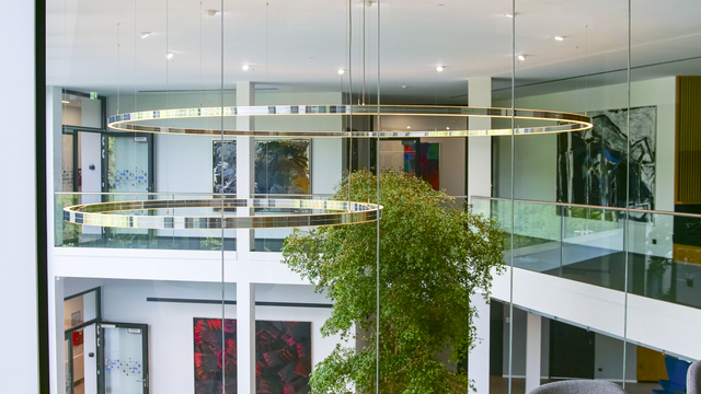 Zweigeschossiger Empfang mit Baum und DUETTO Sonderleuchte bei DAHLHAUSEN Medizintechnik.