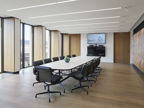 EVB conference room with an oval meeting table and office chairs around it in the centre, windows around the outside provide a view of the outside, linear recessed luminaires (PALADIO) are visible in the white ceiling, and cylindrical spotlights (EVOLUTION SPOT) are installed at the end of the luminaires on one side of the wall.