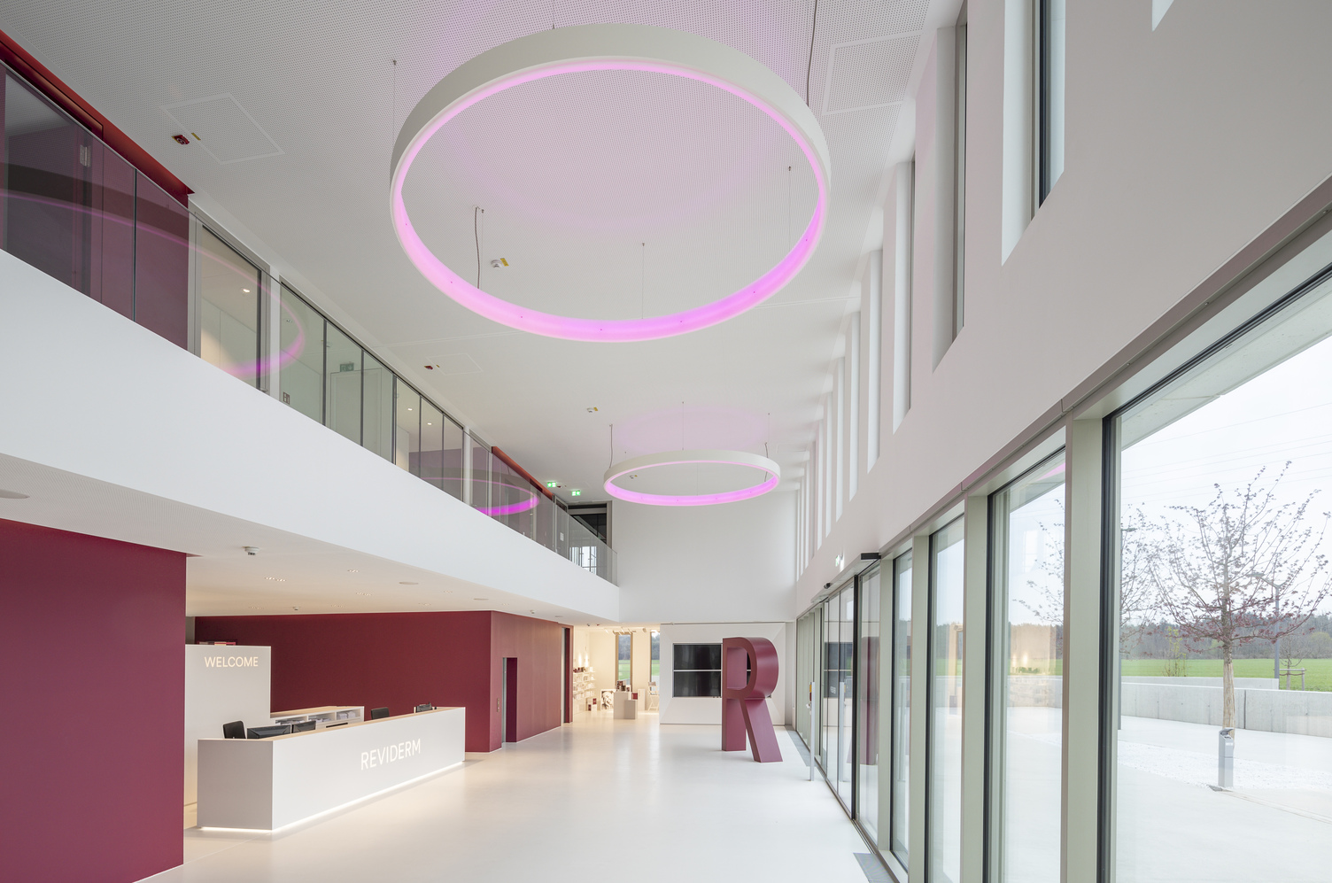 Eingangsbereich Headquarter Reviderm München in Rottönen und weiß gehaltene Wände links im Bild, gegenüberliegend Fensterfront, mittig im Gang mit großen CIRCOLO Ringleuchten in rosa leuchtend.