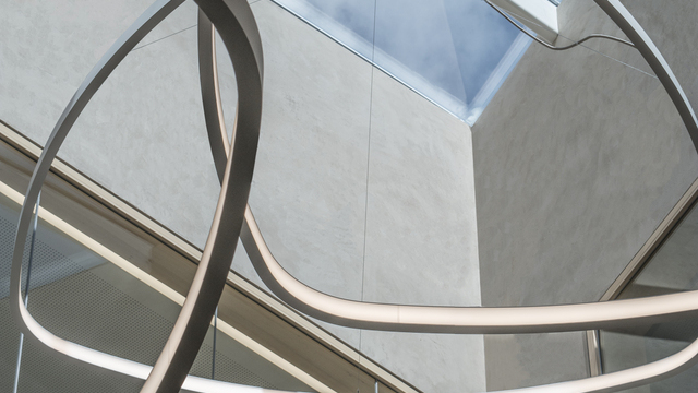 Detailaufnahme der Pendelbaldachine unter einem Glasdach mit abgependelten Soft Delta I Leuchten der Firma SATTLER | © SATTLER