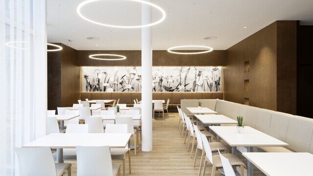 SLIM DIRECT ring luminaires by SATTLER in the cafeteria of Kreissparkasse Heilbronn