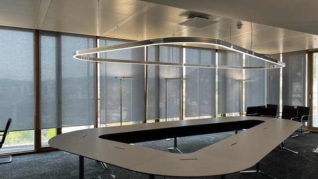 Delta-shaped conference table in the LBBW Stuttgart with customised DUETTO ring light, perfectly adapted to the delta shape of the table