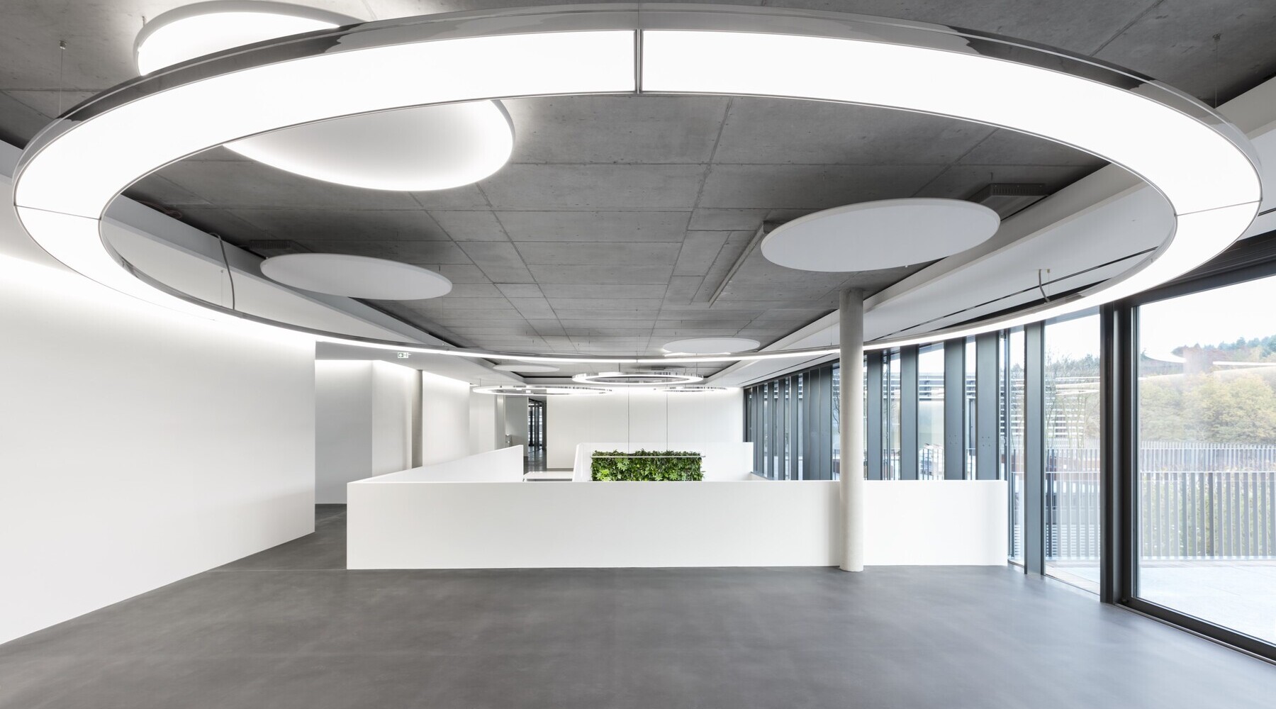 Ringleuchte ANELLO 7m in Eingangshalle gemeinsam mit Acoustic Light Panel von SATTLER | © SATTLER | Nikolay Kazakov niko design Eine große 7m Anello Leuchte von SATTLER in einem modernen Foyer mit Sichtbetondecke um eine Betonsäule, jedoch zentral zu einer Empfangstheke ausgerichtet. Ergänzt wird die Beleuchtung mit akustisch wirksamen Akustik Light Leuchten, ebenfalls von SATTLER | © SATTLER | Nikolay Kazakov niko design