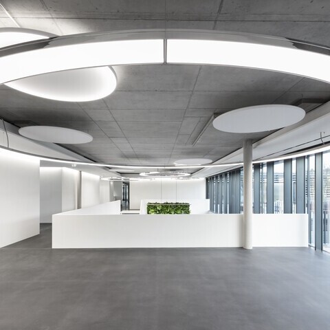 A large 7m Anello luminaire from SATTLER in a modern foyer with an exposed concrete ceiling around a concrete column, but centred on a reception desk. The lighting is complemented by acoustically effective Acoustic Light luminaires, also from SATTLER