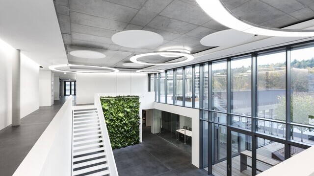 Foyer bzw Eingangsbereich in einem modernen Bürogebäude mit Sichtbetondecke und Treppenaufgang. Beleuchtet mit Anello Leuchten und akustischen Maßnahmen mittels Acoustic Panels jeweils von Firma SATTLER | © SATTLER | Nikolay Kazakov niko design