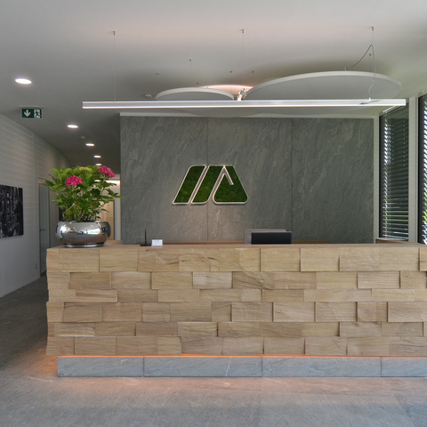 SATTLER Doppio Linea in aluminium poliert in Kombination mit Akustik Panel, sowie Moos Sonderleuchten Logo Empfangstheke mit einer Doppio Linea in Alumiminium poliert. Im Hintergrund sind zusätzlich Akustik Panele, sowie eine Moos Leuchte als Firmenlogo in Sonderausführung an der Wand, alles jeweils von Firma SATTLER angebracht.