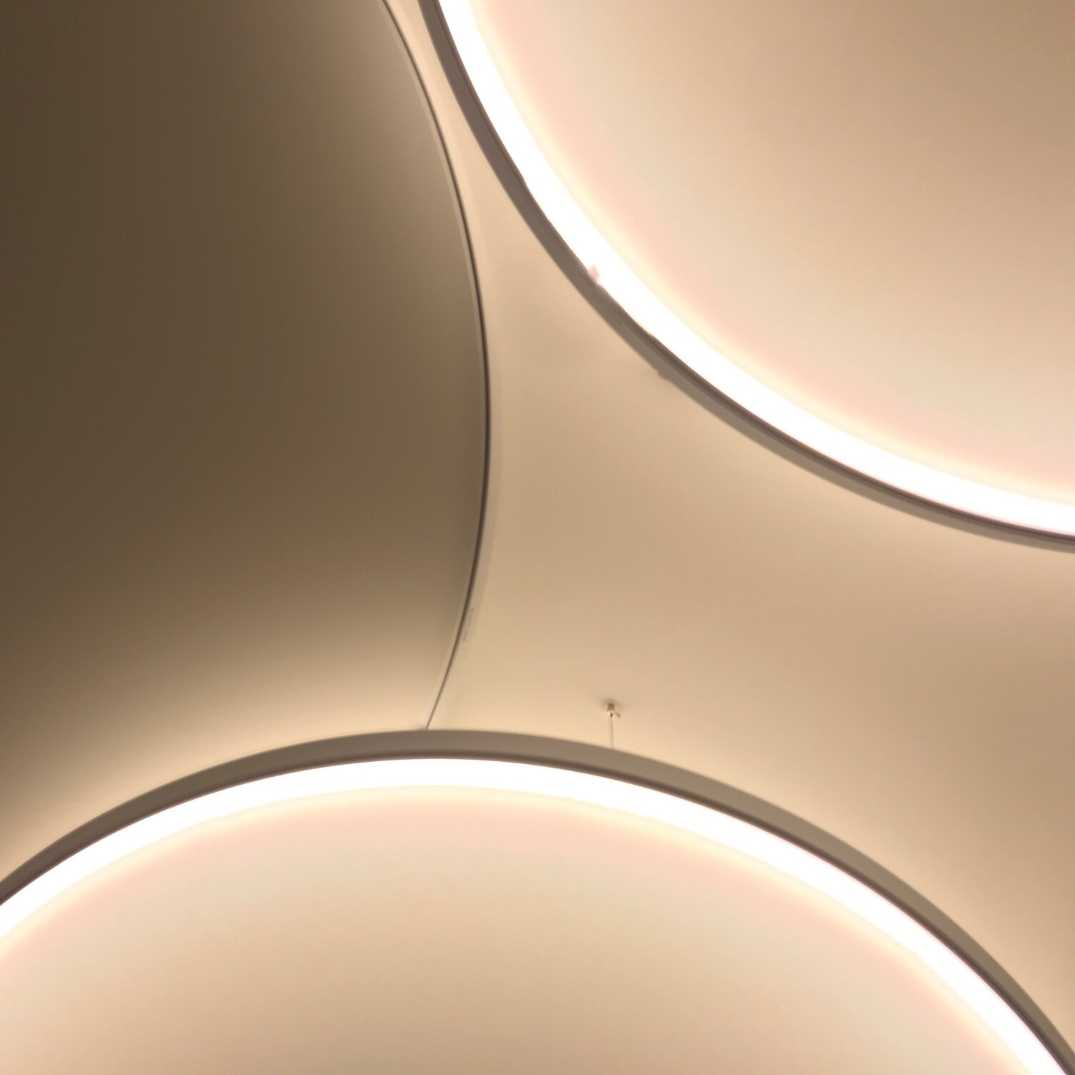 Detailsbiild einer Überschneidung von Acoustic Light Panel und Light Panel der Firma SATTLER von unten fotografiert.