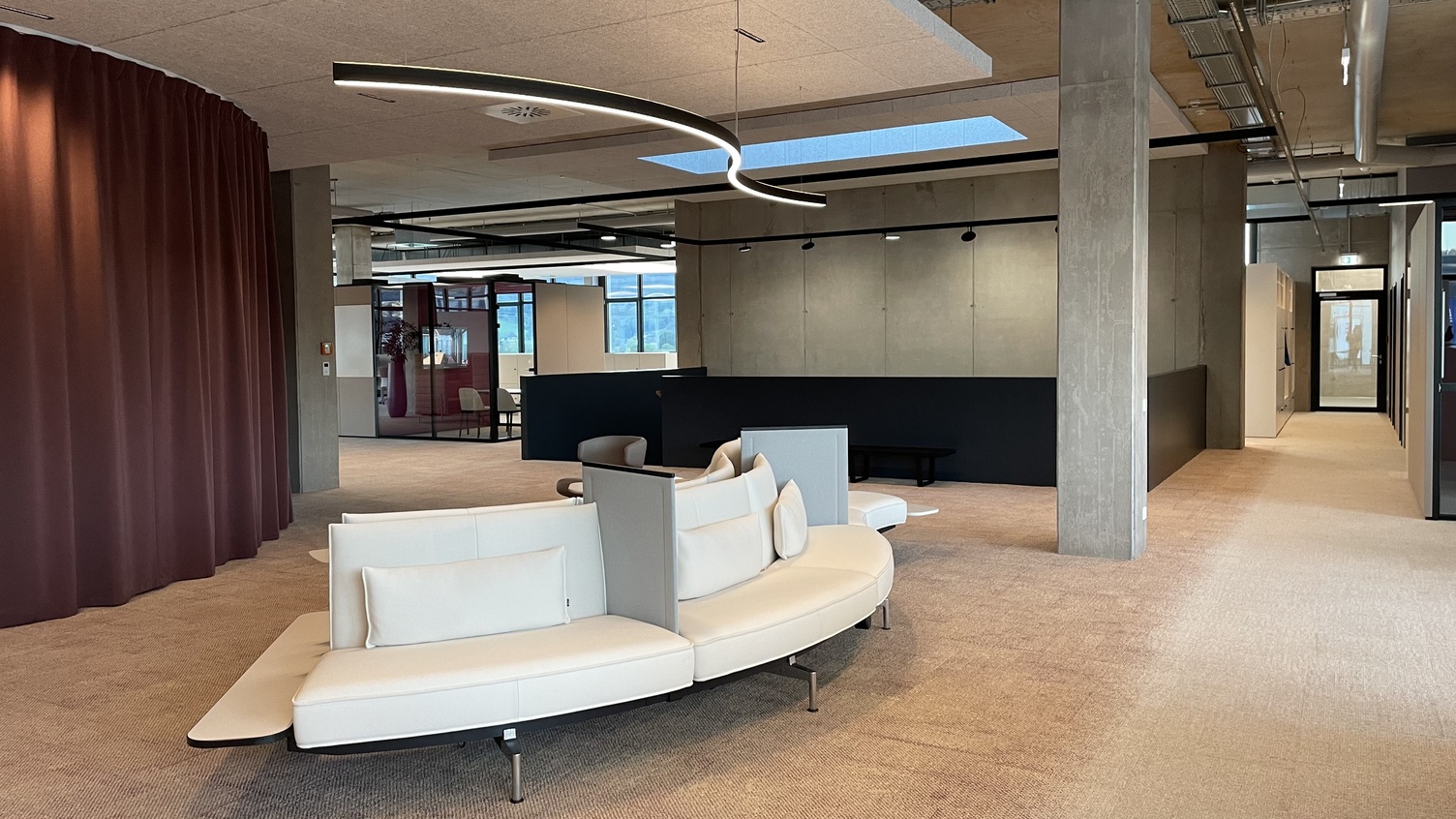 Lounge area or flexible meeting area with sofa in S-shape, above linear luminaire in the same curved shape (DUETTO). 