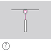 Schematic diagram showing a cylindrical light fitting with a single cable (shown in pink) running upwards into a live track system, which in this illustration is mounted directly on the ceiling. The power supply unit is built into the ceiling canopy (shown as a pink rectangle). At the end of the luminaire cable, a small object is shown, symbolising the click-in system. Outside the image is a Z (installation with a track adapter via click-in in the PALADIO TRACK system).  Translated with DeepL.com (free version)