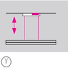 Schematic drawing showing the luminaire with two live cables (shown in pink) leading to a rectangular, long ceiling canopy, which is mounted directly to the ceiling. The power supply unit is built into the ceiling canopy (shown as a pink rectangle). A pink arrow with two arrowheads pointing upwards and downwards is also shown. A Y is shown outside the image.