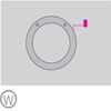 Schematic drawing showing a ring light (filled in grey) within two small circles, symbolising two spacer sleeves with which the light is fixed to the wall. A power cable (shown in pink) runs from the luminaire to an external technical unit (shown in pink). | © SATTLER