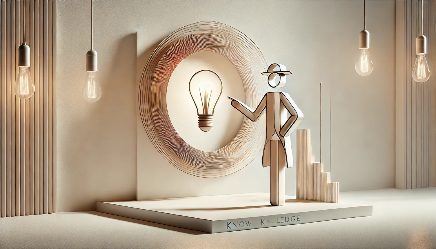 Titelbild SATTLER Lichtwissen: abstrakte Figur erklärt Licht mit Glühbirne, Symbol für Wissen und Inspiration
