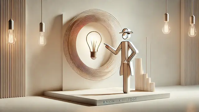 Titelbild SATTLER Lichtwissen: abstrakte Figur erklärt Licht mit Glühbirne, Symbol für Wissen und Inspiration